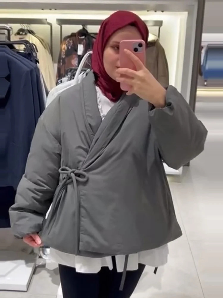 Casual Gray Lace Up Coat Women Cotton Vneck Pocket 2025 Autumn Thick Jackets Female Chic Street Allmatch Outwear Tops 251021