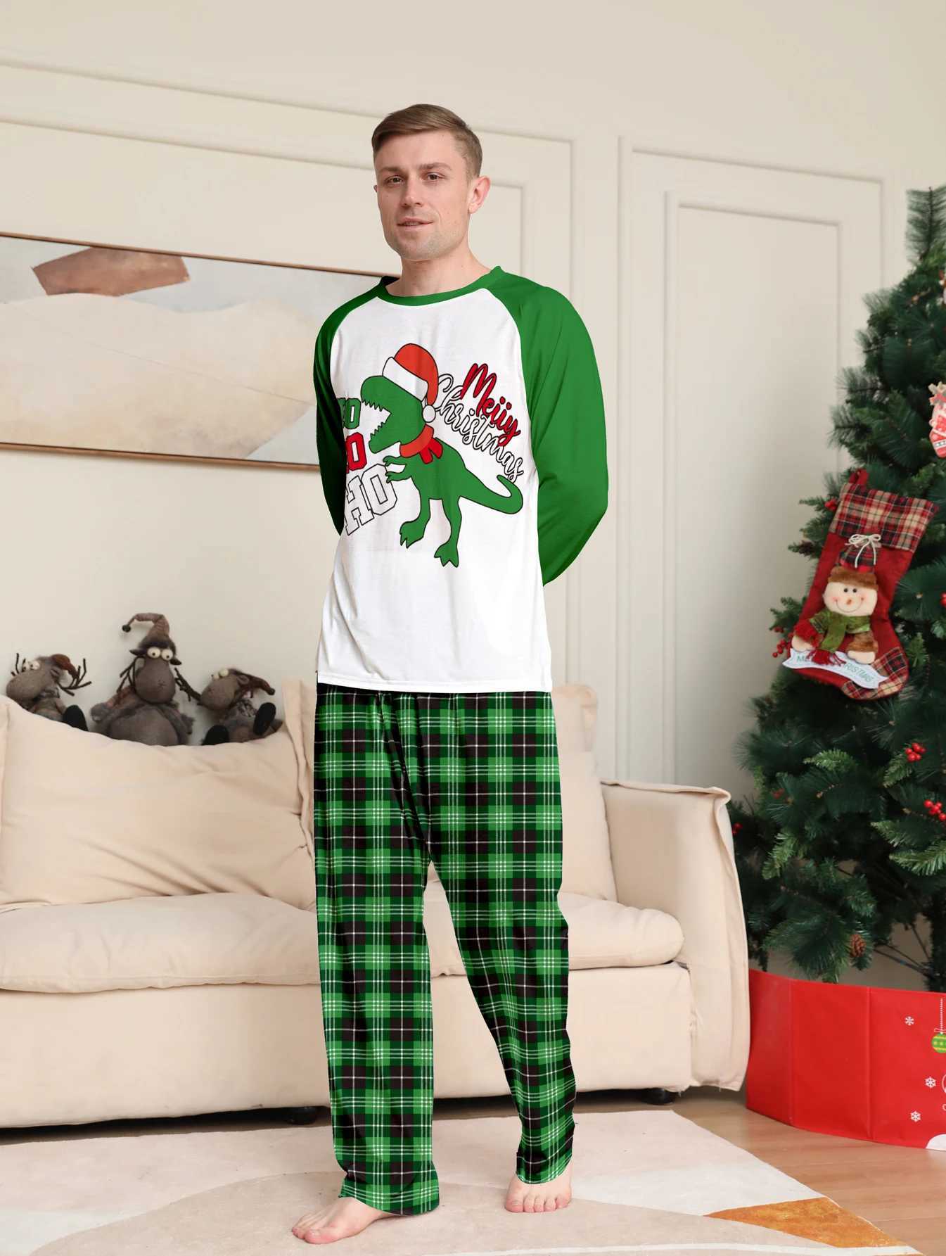 Parent Child Christmas Pajamas Set White Green Plaid Dinosaur Merry Christmas Prints L251021LW8B