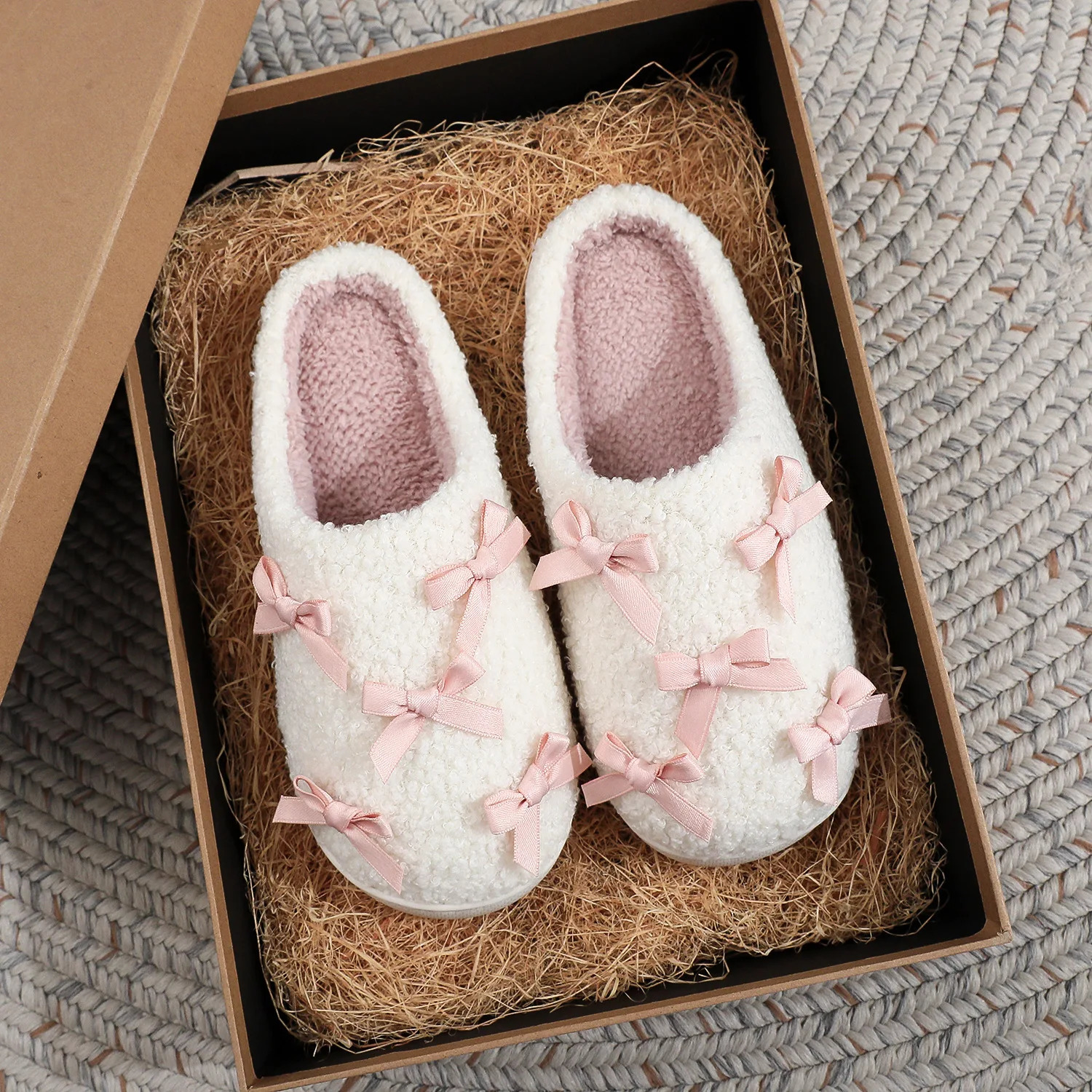 ins autumn and winter plush cotton slippers women warm indoor cute girl bow pink slippers 251021