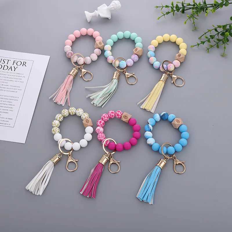 Colored Silicone Bead Bracelet PU Tassel Keychain Wristlet Bracelet Pendant Keychain Woman Man Jewelry Accessories Gifts W251021