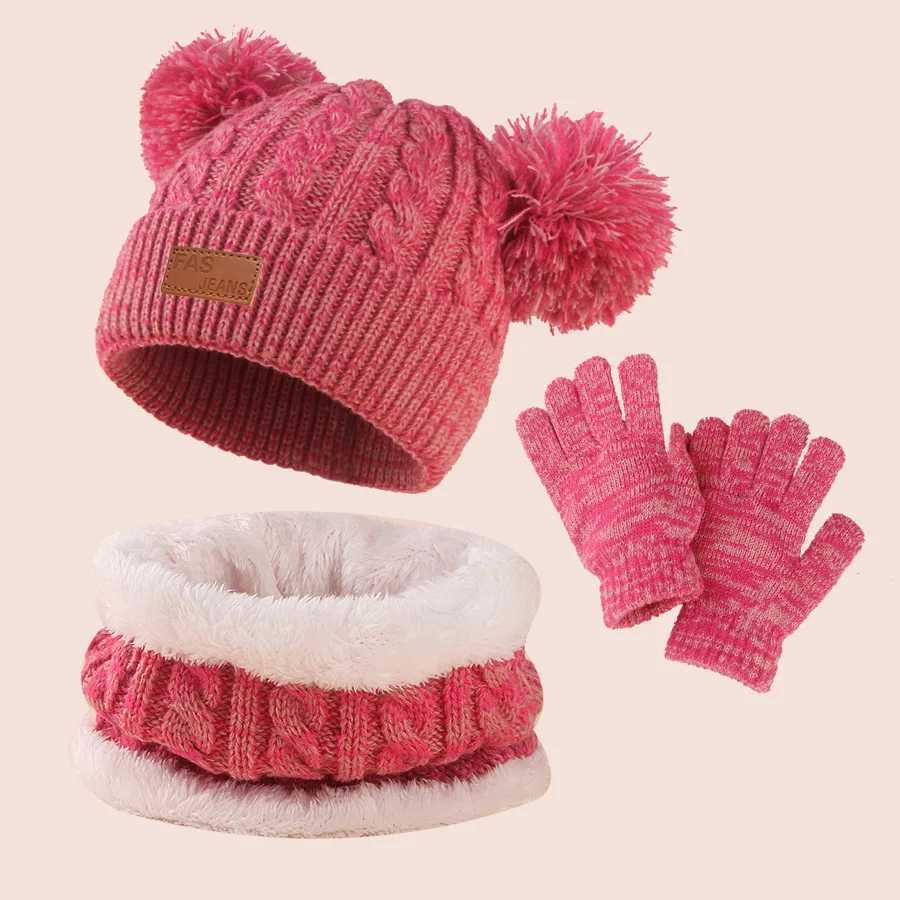 3pc312Y childrens cap scarf gloves autumn and winter threepiece set warm and fluffy scarf mixedcolor cap J251021
