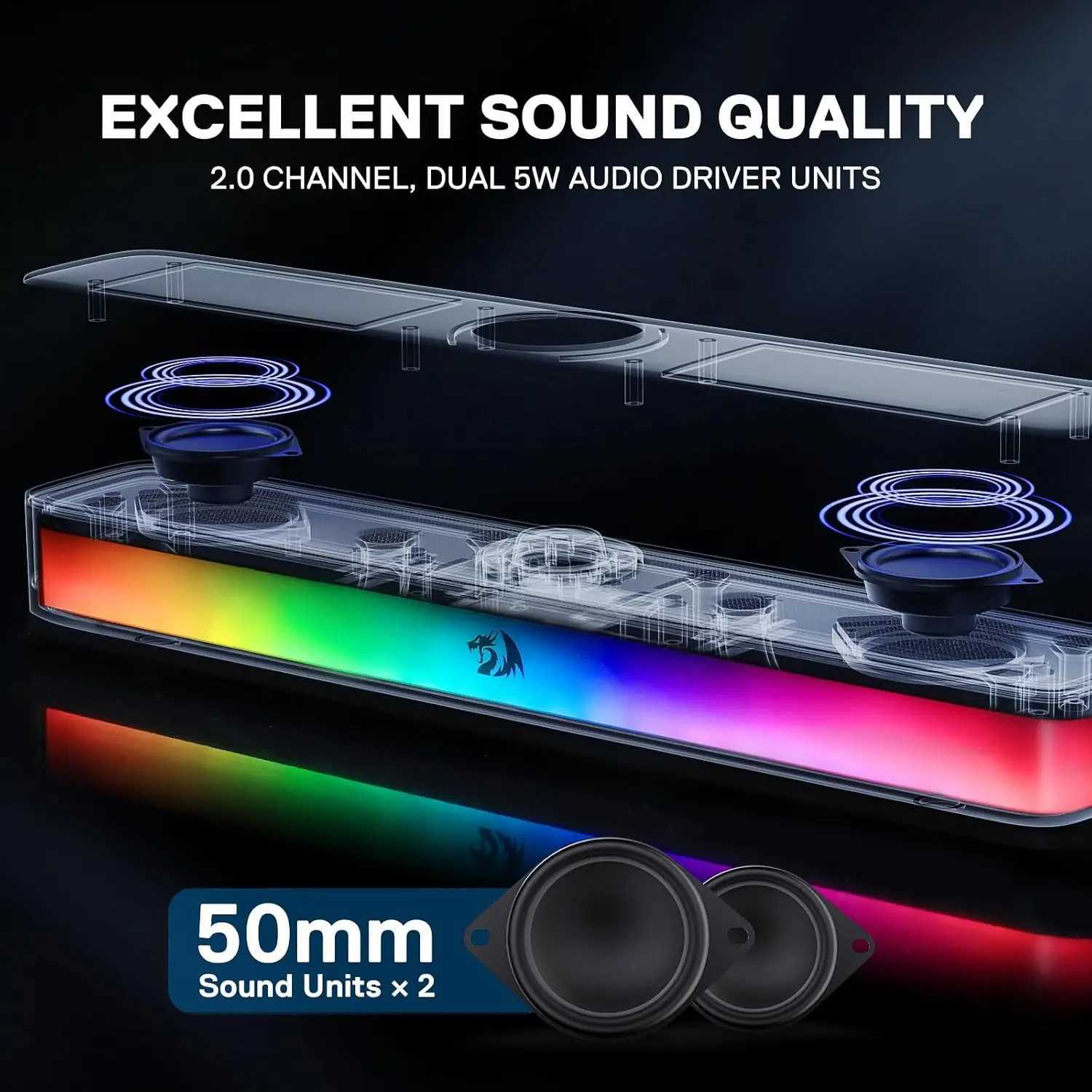 Redragon GS515 RGB Desktop Soundbar 20 Channel Stereo Computer Speakers for Desktop Bluetooth 53 USBCUSB Powered Black L202510211