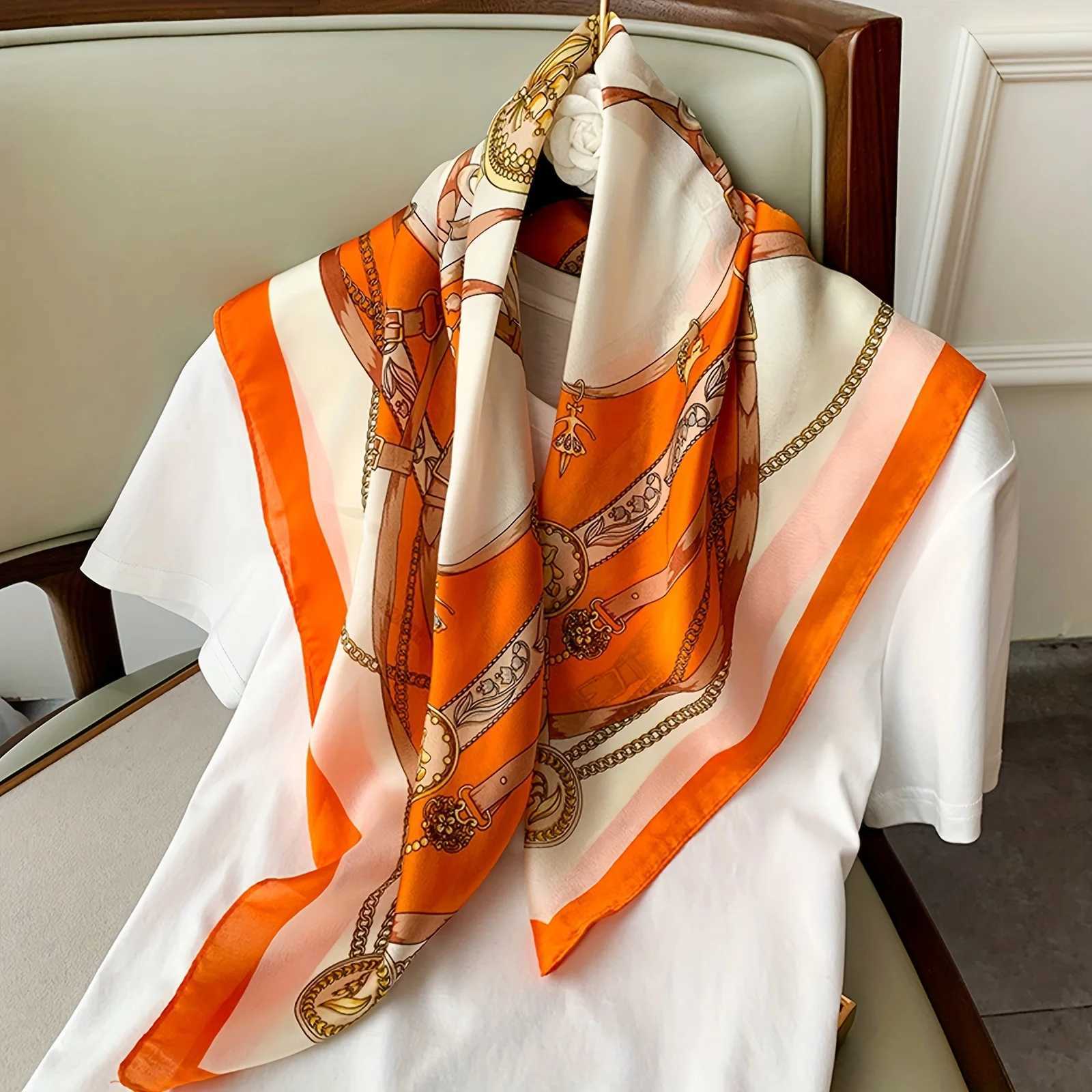 Orange Navy Blue Printed Square Scarf Thin Breathable Sunscreen Shawl Casual Outdoor Windproof Head Wrap For Women W251021