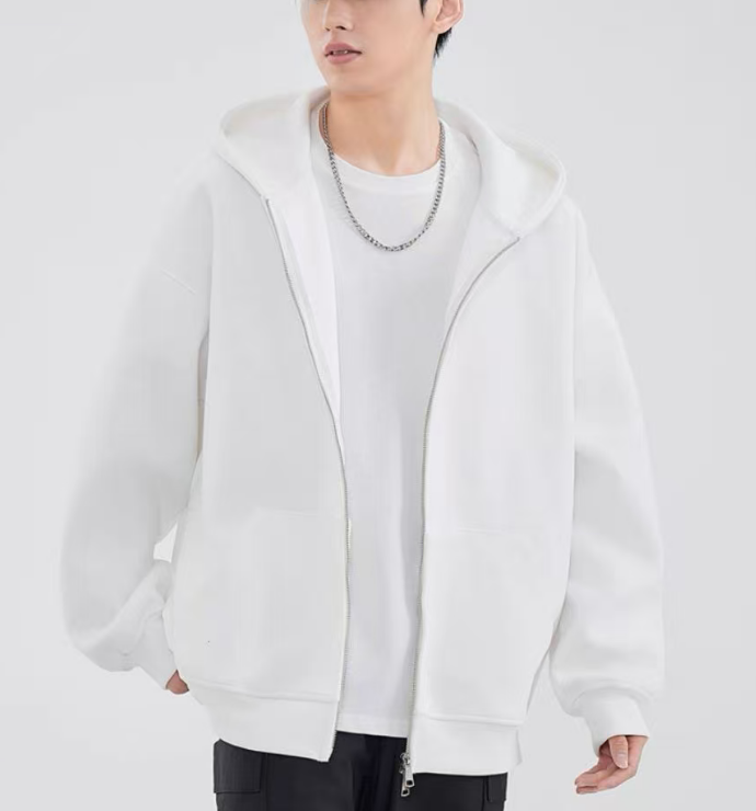 A simple and casual grey hooded double-zipper men's hoodie jacket