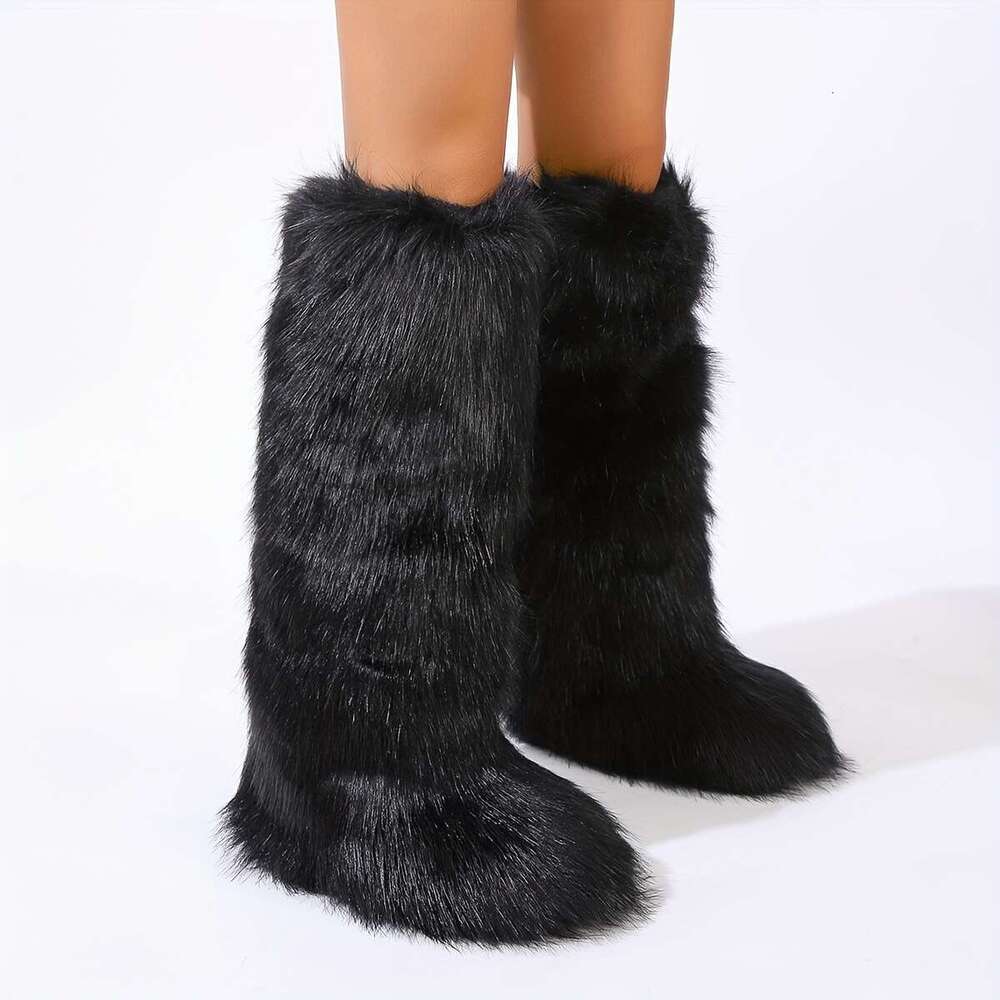 Faux Fur Boots Round Toe, Pull-On Closure, Flat Heel, PVC Comfortable Flannel Lined Footwear With Superfine Fiber Upper And