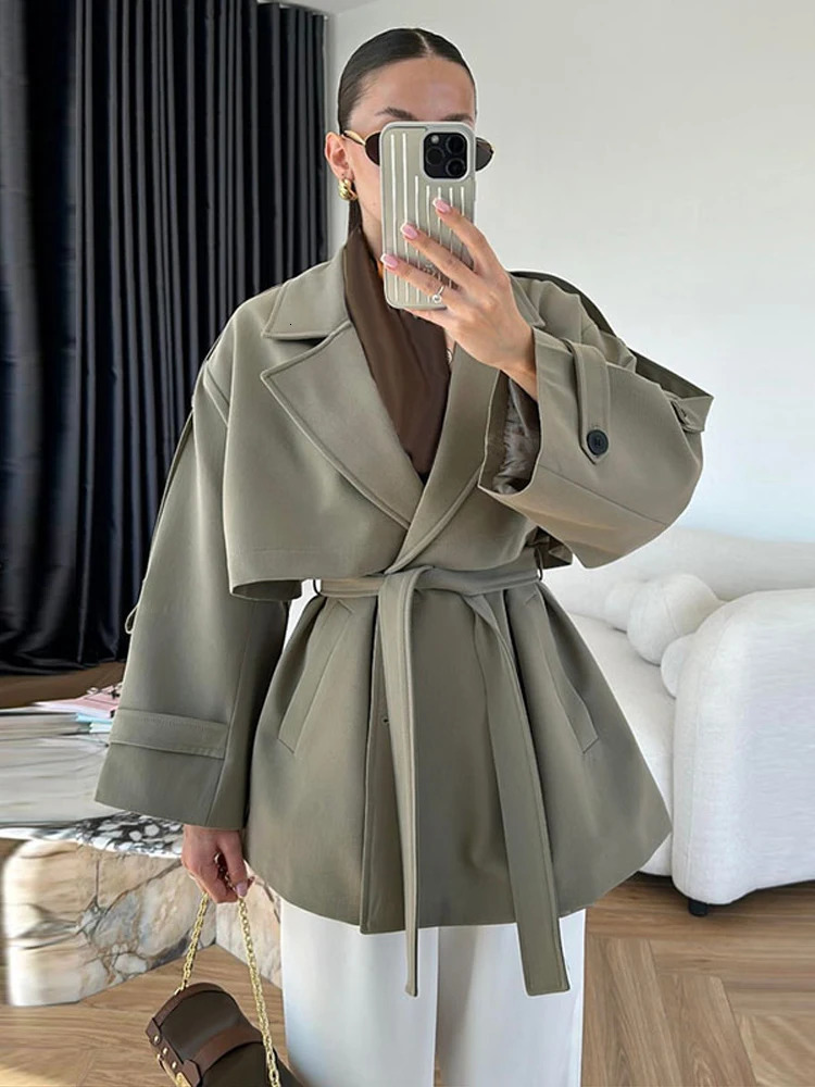 Elegant Trench Coat With Belt Womens Slim Vneck Full Sleeve Lapel Overcoat Autumn Winter Ladies Solid Streetwear 251017