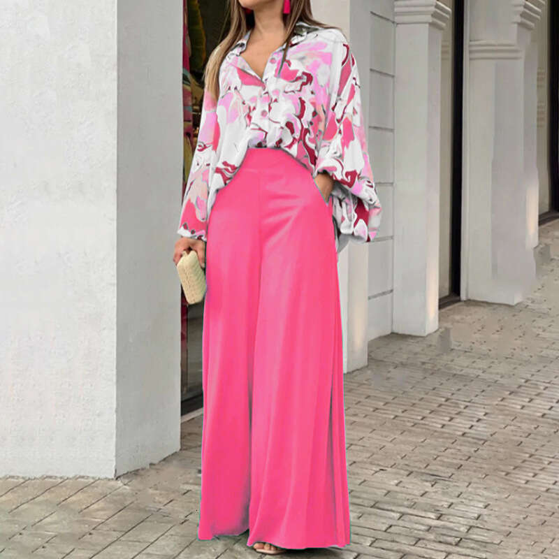 2025 Women's Autumn Printed Shirt Elegant Wide-leg Pants Fashion Casual Set