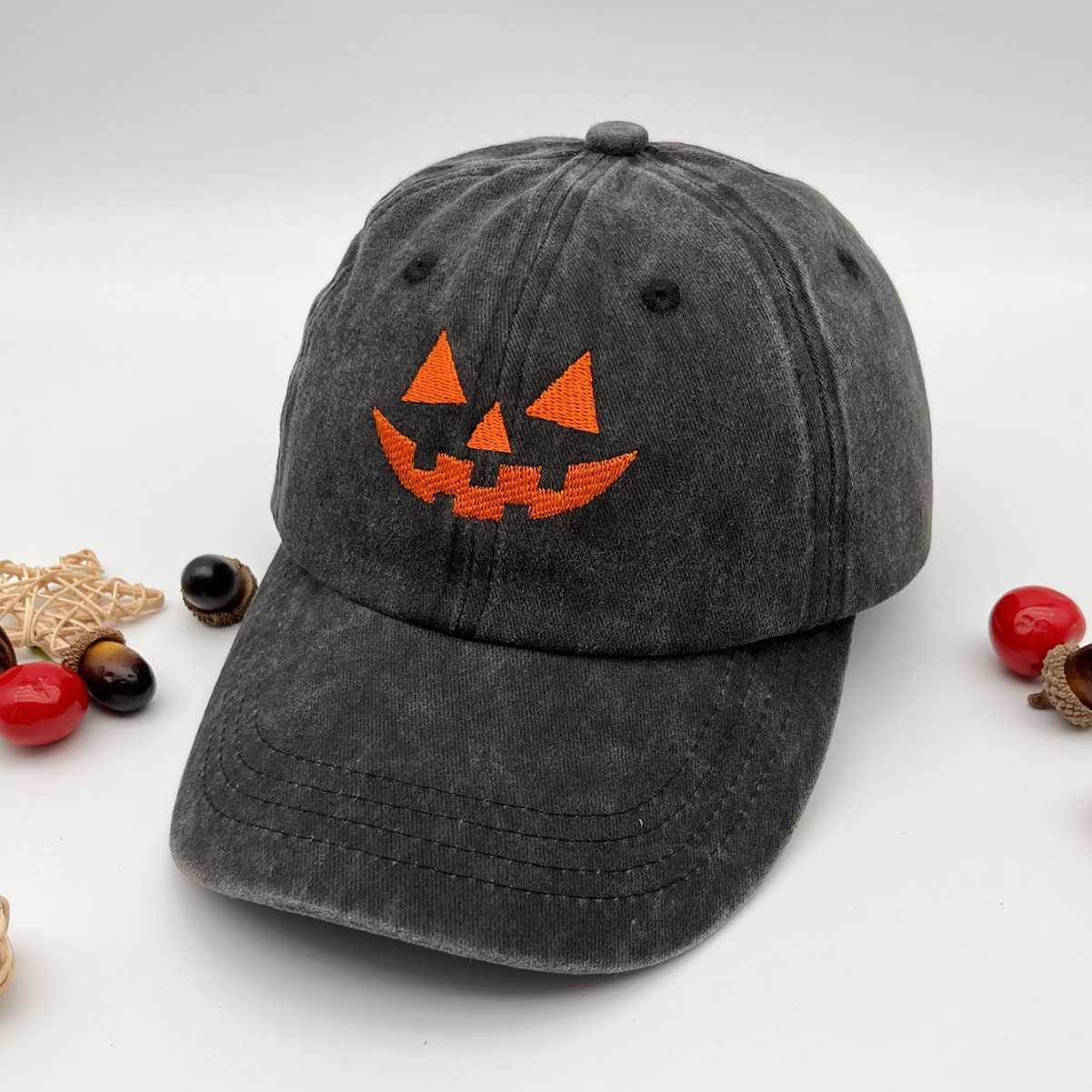 Washed Cotton Unisex Casual Baseball Cap Halloween Embroidered Pumpkin Baseball Cap H251020