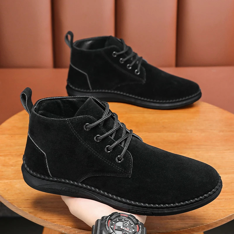 High Top Casual Board Shoes Mens Lace Up Suede Black Flat Bottom Short Boots Mens Chelsea Boots Highquality Denim Boots251020