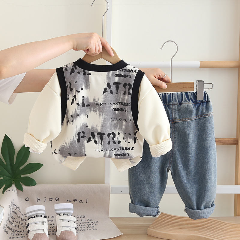 Free Shipping Warm Kids Clothing 2025 Trendy Kids Outfit with Layered Look, Fake Two-Piece Set for Boys & Girls, Stylish Spring Autumn Fashion