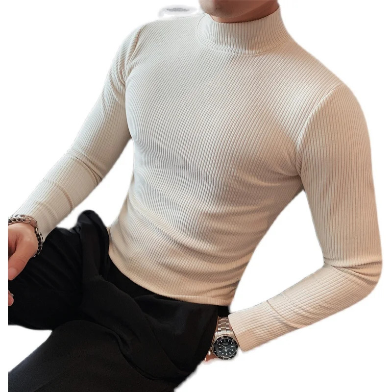 Turtleneck Men Autumn Winter Long Sleeve T Shirt For Clothing Simple Slim Fit Casual Mens Tshirts Striped High Quality 251016