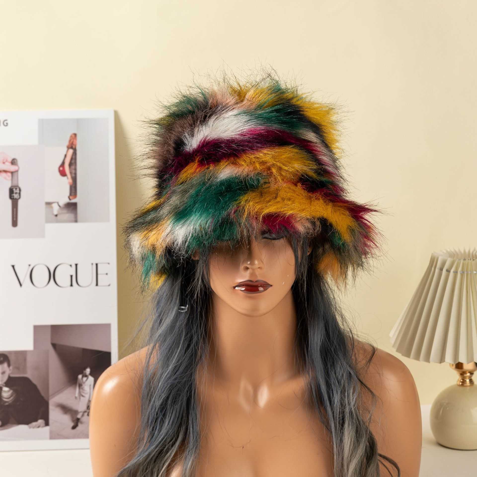 Faux Fur Hat Fashionable Warm Plush Fisherman Hat Colorful Faux Fox Fur Trendy Bucket Hat Straight Hair H251020