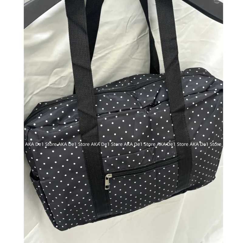 Large Capacity Casual Black Tote Bag Polka Dot Print Korean Luggage Bags Zipper Trendy Canvas Handbag Versatile Travel Bag WomenXJ251021