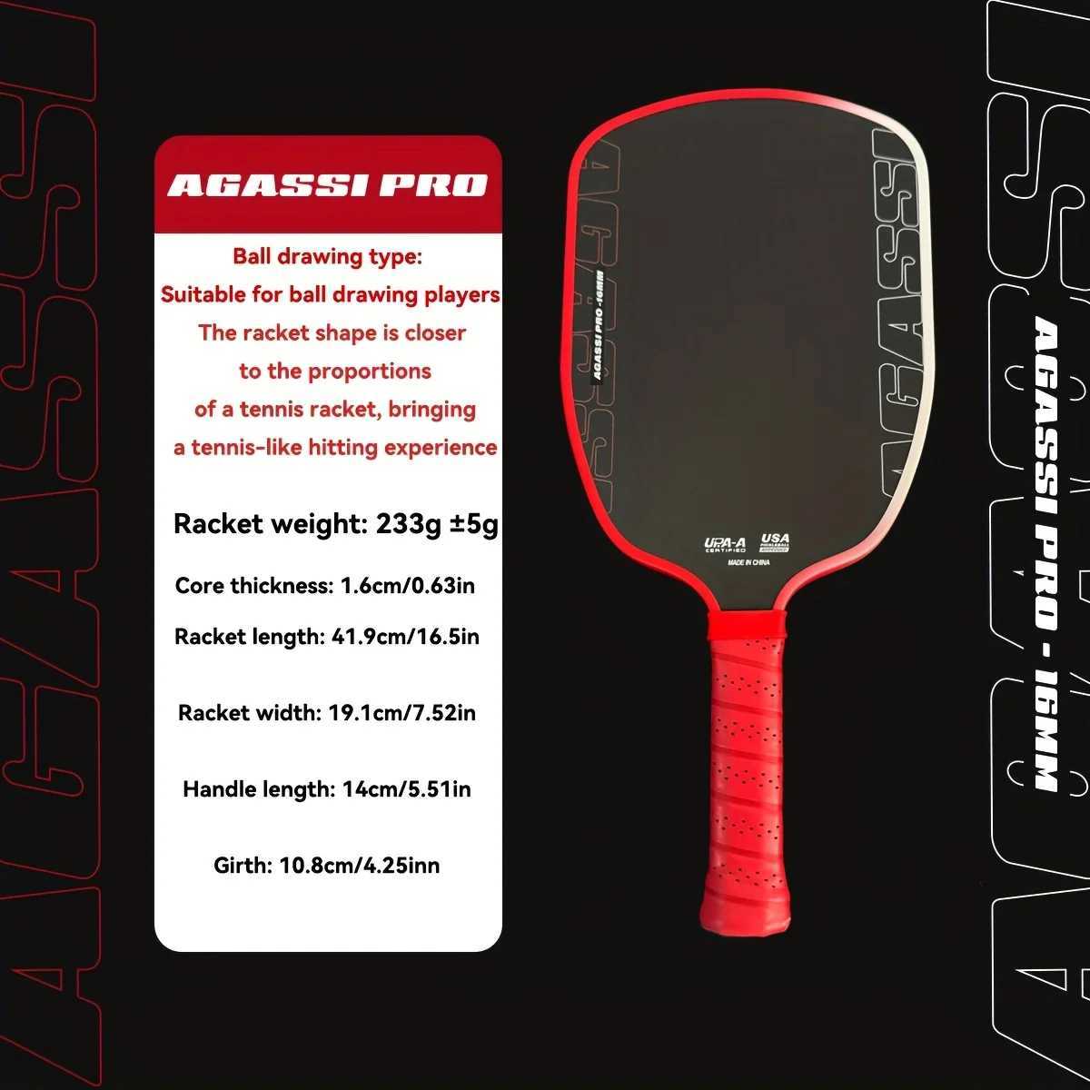 Pc Professional Pickleball Racket 6mm T700 Carbon Fiber Agassi Pro Racket Enhanced Strength and Feel Red and White Design W251021