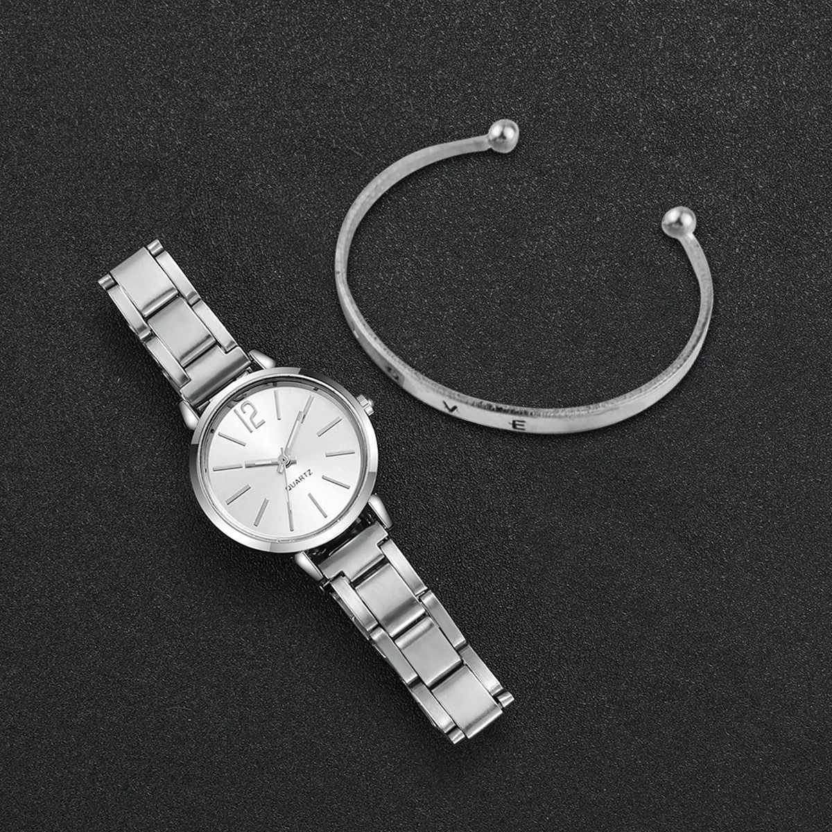2PCS Fashion Womens es Opening Cuff Bracelet Set Gold Simple Round Ladies Quartz Wrist Reloj MujerXJ251021