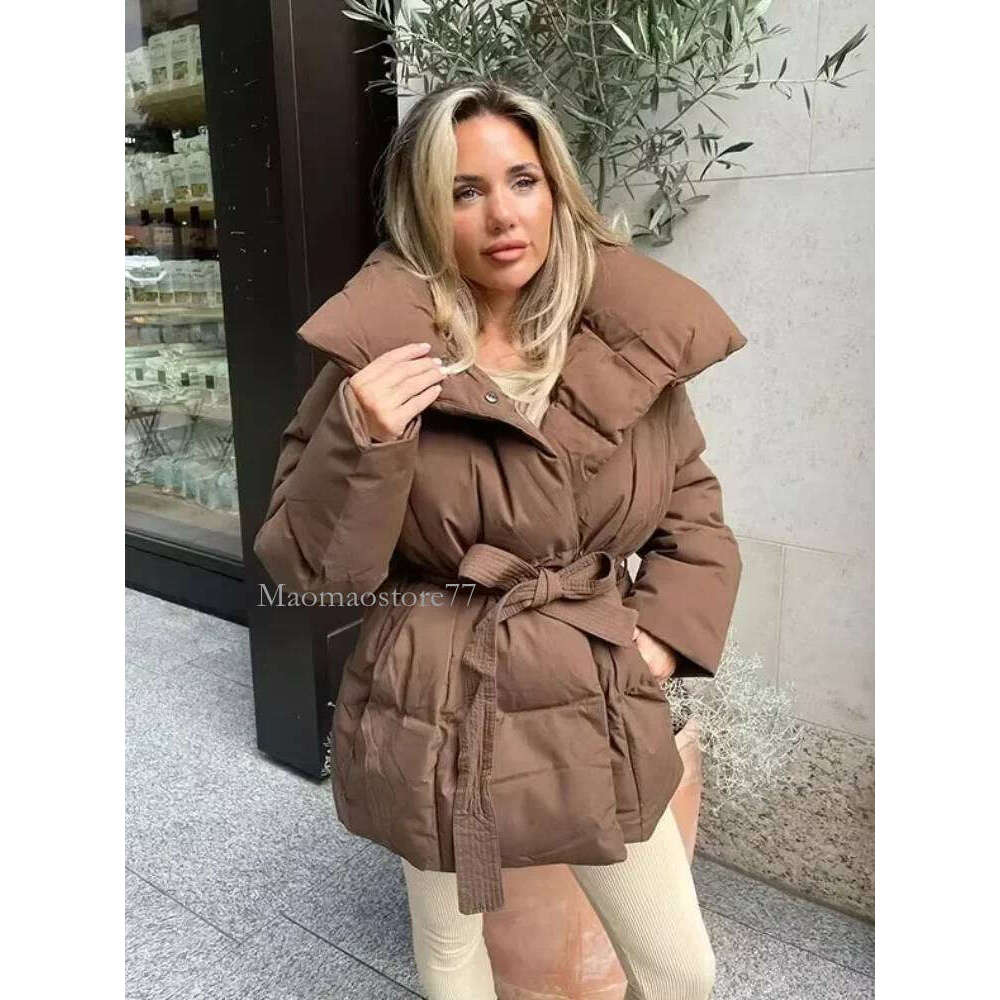 Solid Lapel Lace Up Cotton Coat Women Fashion Long Sleeve Warm Loose Pocket Short Coats Lady New Winter Commute Street Outwears womens coat