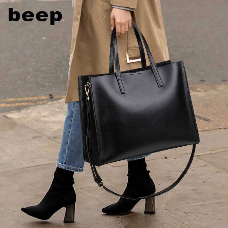 Beep New Superior Cowhide Fashion Genuine Leather Simple Women Leather Tote Shoulder Big Women's Bag 251021
