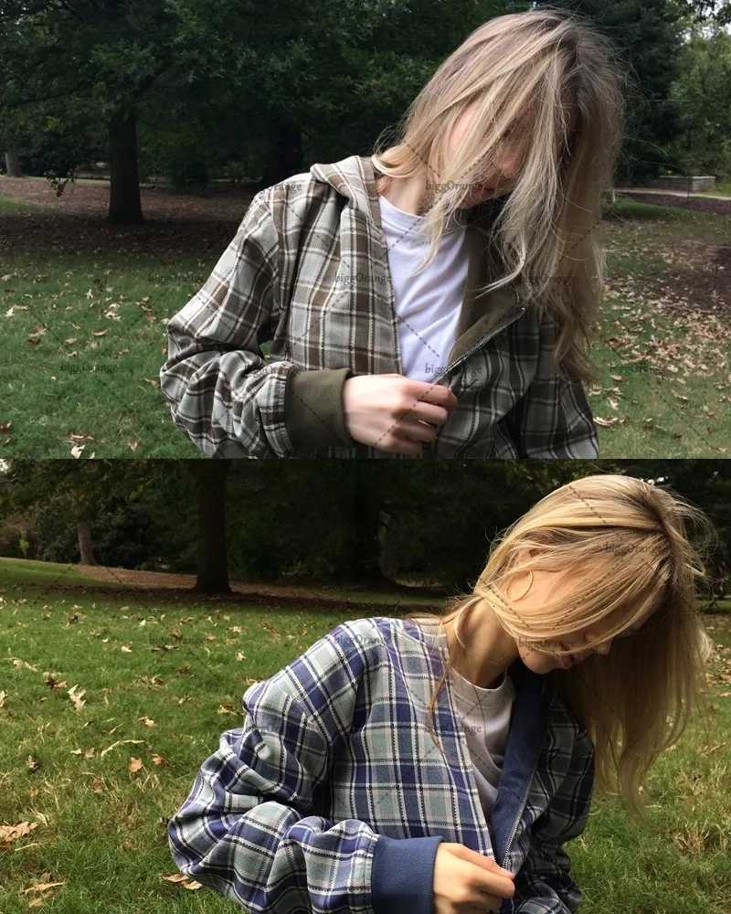 Harajuku Retro High Street Classic Plaid Zip Hoodie Women Y2K 2025 Hiphop Casual Fashion Vintage Loose Oversized Sweatshirt Men W251021