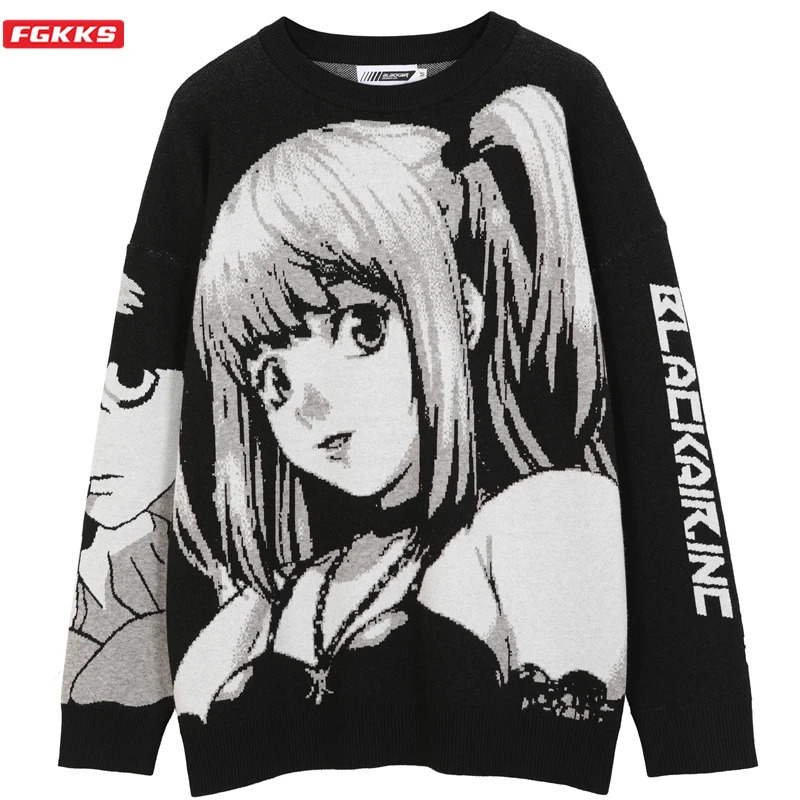 FGKKS Mens Hip Hop Streetwear Harajuku Sweater Vintage Japanese Style Anime Girl Knitted Cotton Pullover Sweaters Male251020