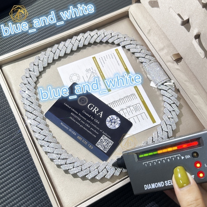 Pass Tester Easily Big Size Width 16mm18mm 20mm Cuban Chain 925S Gold Plated 3 Rows Lab Grown Moissanite Necklace Bracelet Chain