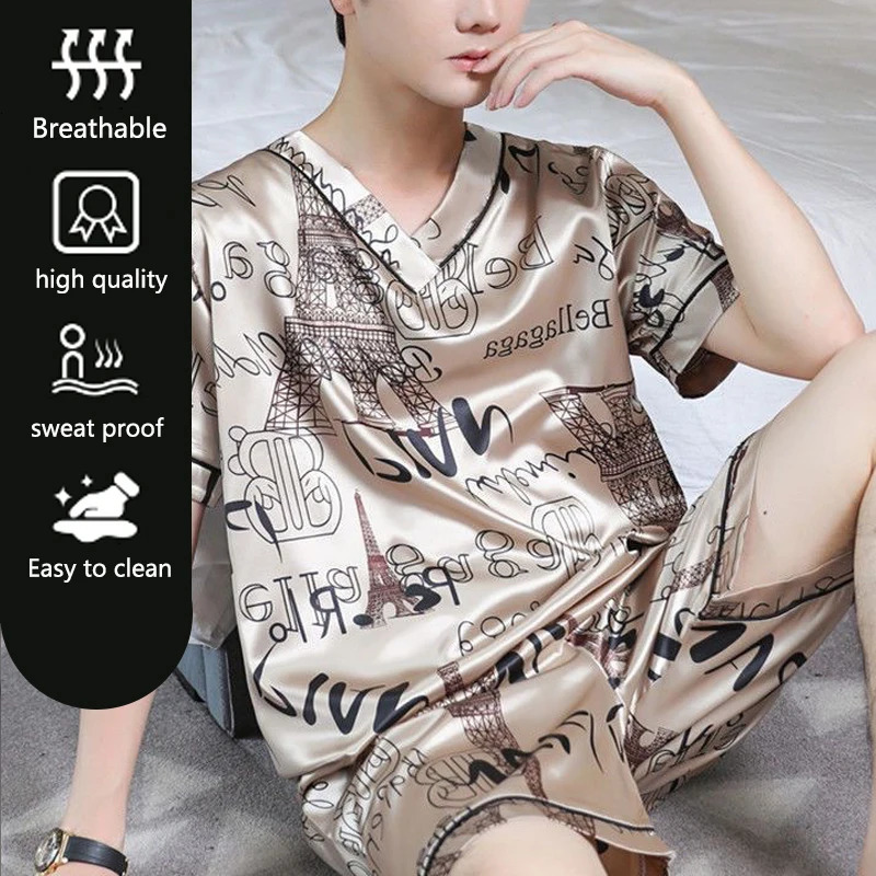 Large Size Men Homewear Ice Silk ShortSleeved Shorts Student Pajamas Korean Version with Letters Loose 3xl ShortSleeved TwoPi 251021