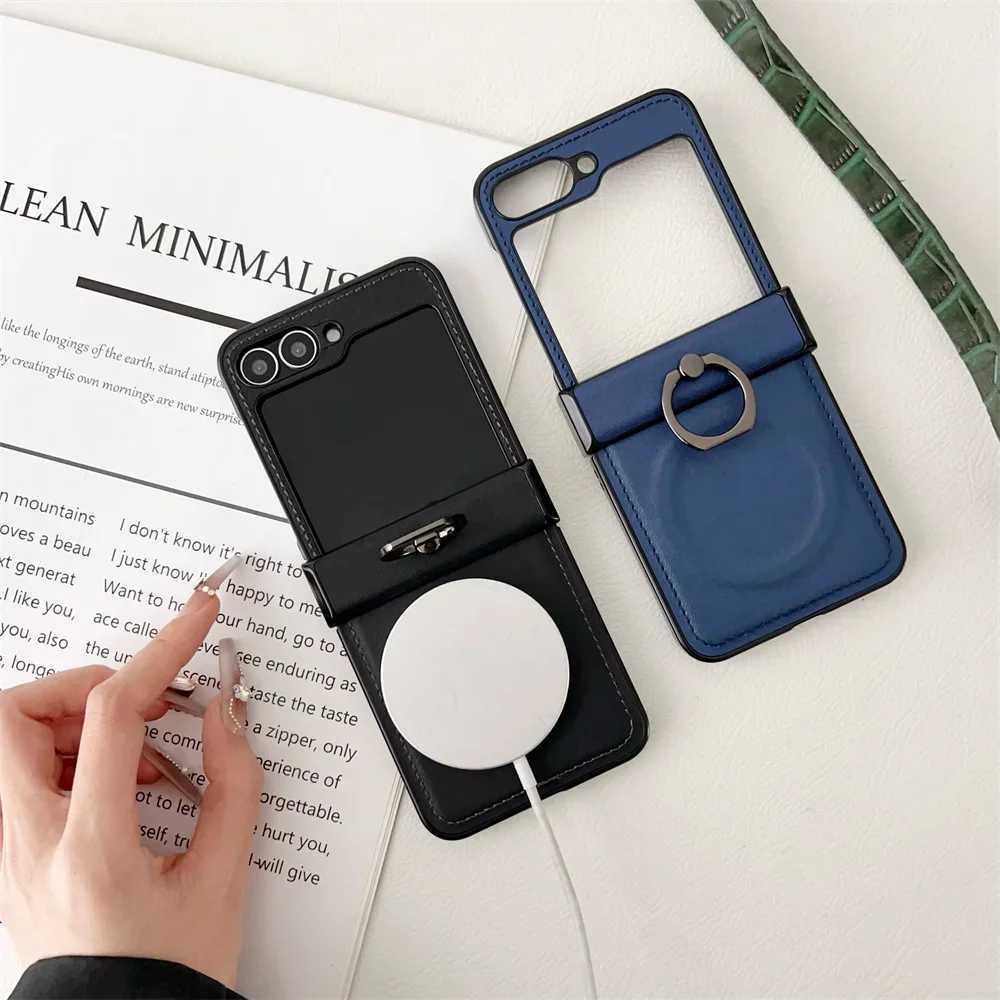 Magnetic Wireless Charging Leather Phone Case for Galaxy Z Flip 7 6 5 4 3 Flip6 Flip5 Flip4 Ring Hinge Protective Cover J251114