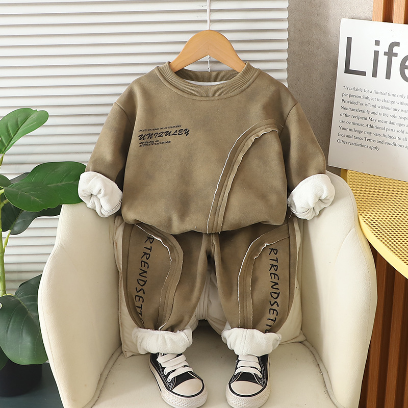 Winter Warm 2025 New Boys Fleece-Lined Hoodie Set, Letter Patchwork Streetwear 2-Piece, Loose Fit Casual Outfit for Toddler Boys