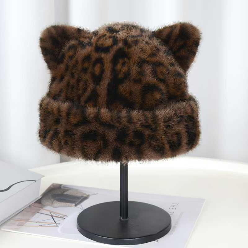 Leopard Print Plush Fisherman Hat Hat for Women Autumn Winter Hat Warm Ear Protection Imitation Mink Fur H251020