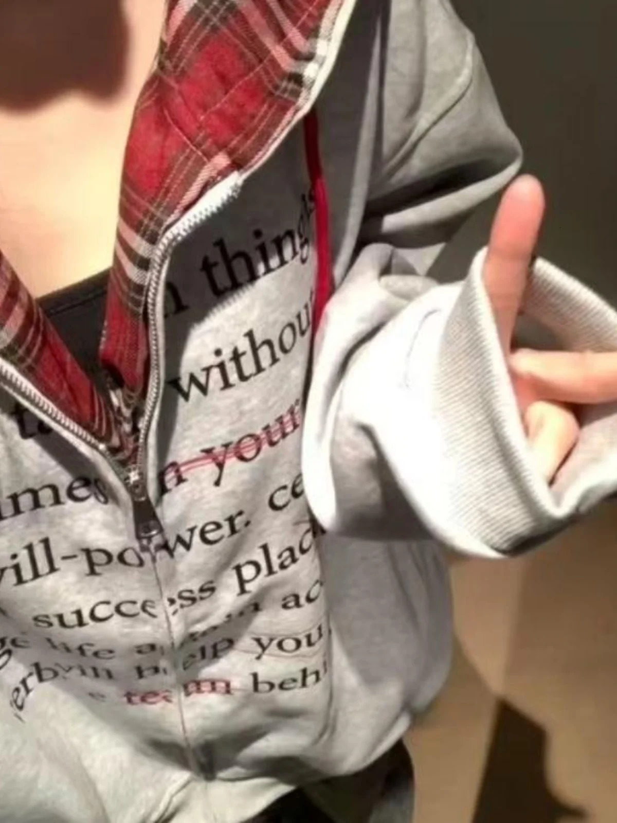 Retro Plaid Splicing Womens Hoodie Cardigan Korean Sle Outerwear Loose Fit Long Sve Polyester Fiber Zipper Closure 251017