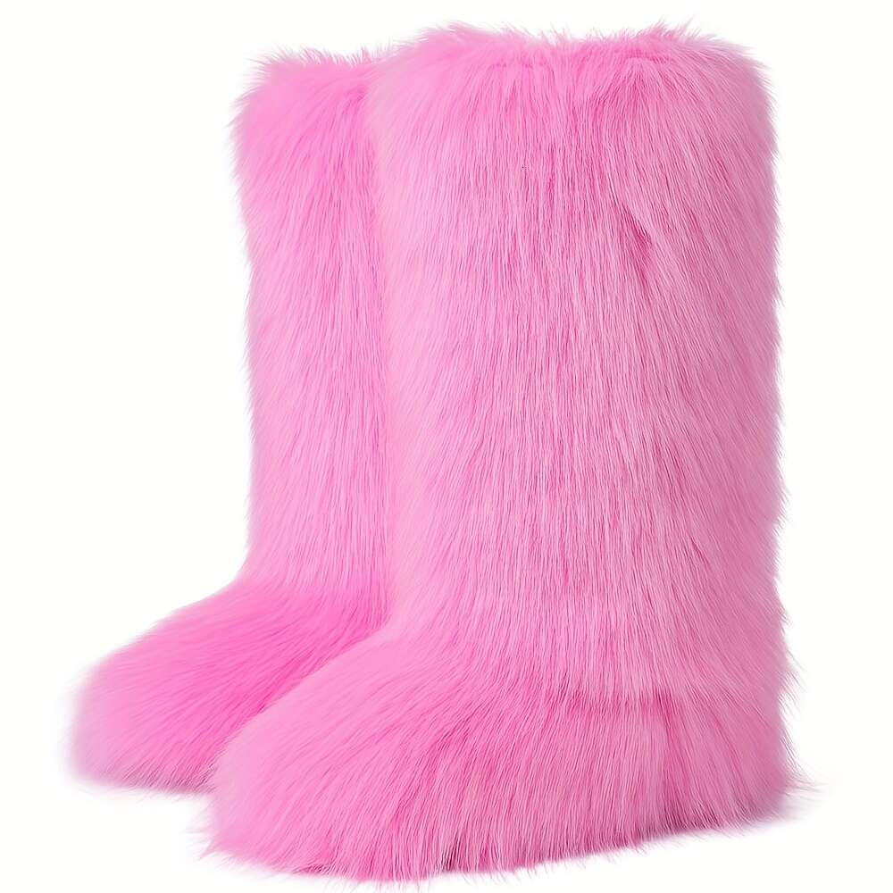 Fashion Women's Faux Fur Round Toe Flat Heel Slip On Warm Comfort Outdoor Winter Boots