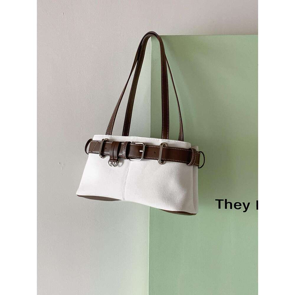 Underarm Canvas Niche PU Leather Belt Patchwork Design Single Shoulder Women Trendy New Small Square Bag B5