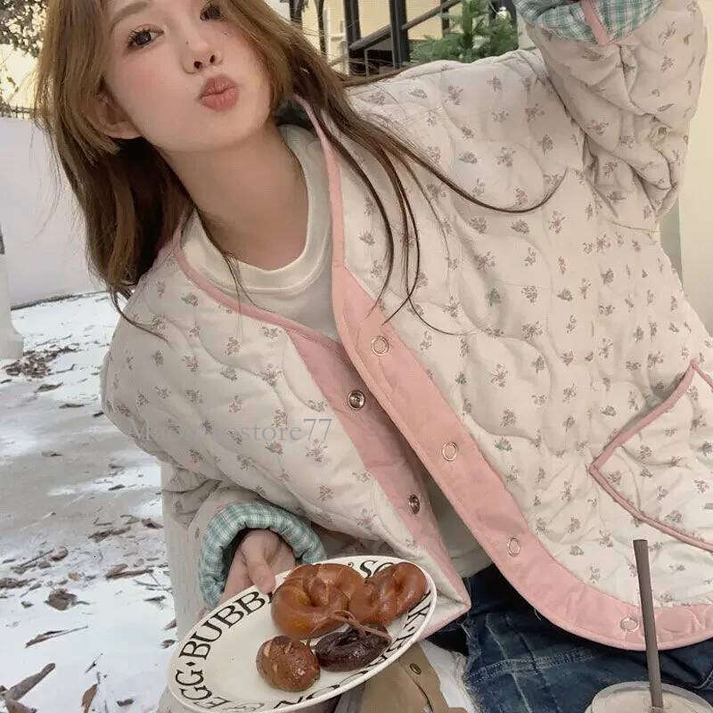 New Rhombus Small Tops Floral Quilted Cotton-Padded Jacket Outerwear Winter Double-Sided Wear Mid-Length Cotton-Padded Jackets womens coat