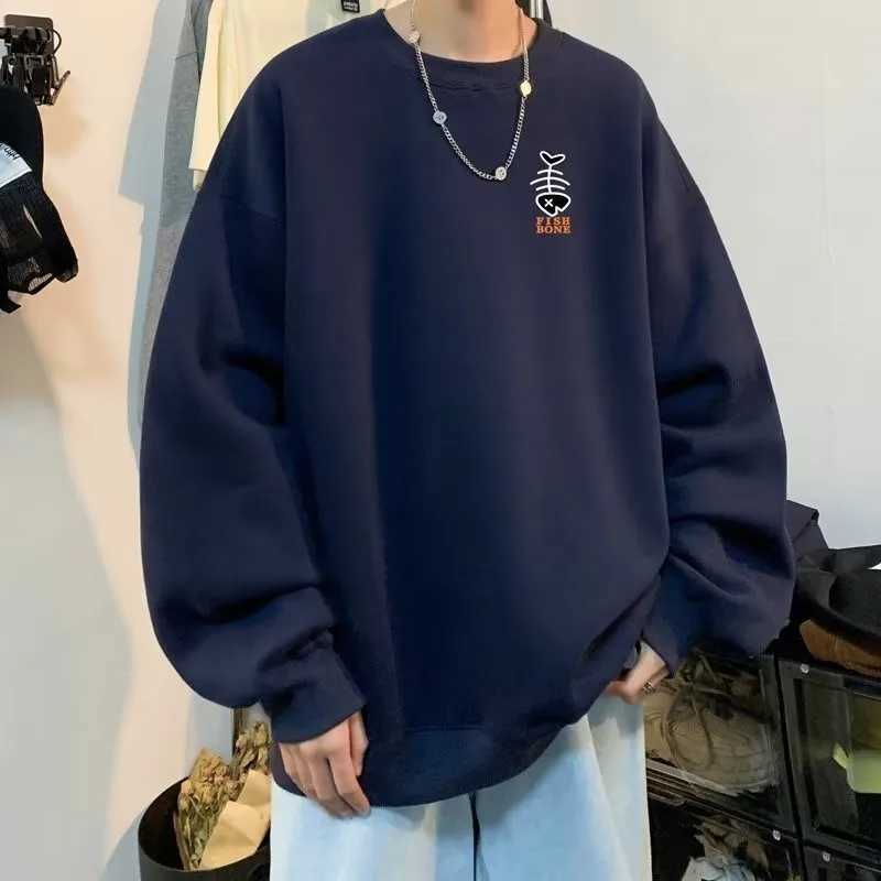 M8XL Autumn Men Oversized Sweatshirts Fashion Loose Simple Graffiti Fishbones Print Long Sleeve Plus Velvet Couple Clothes J251021