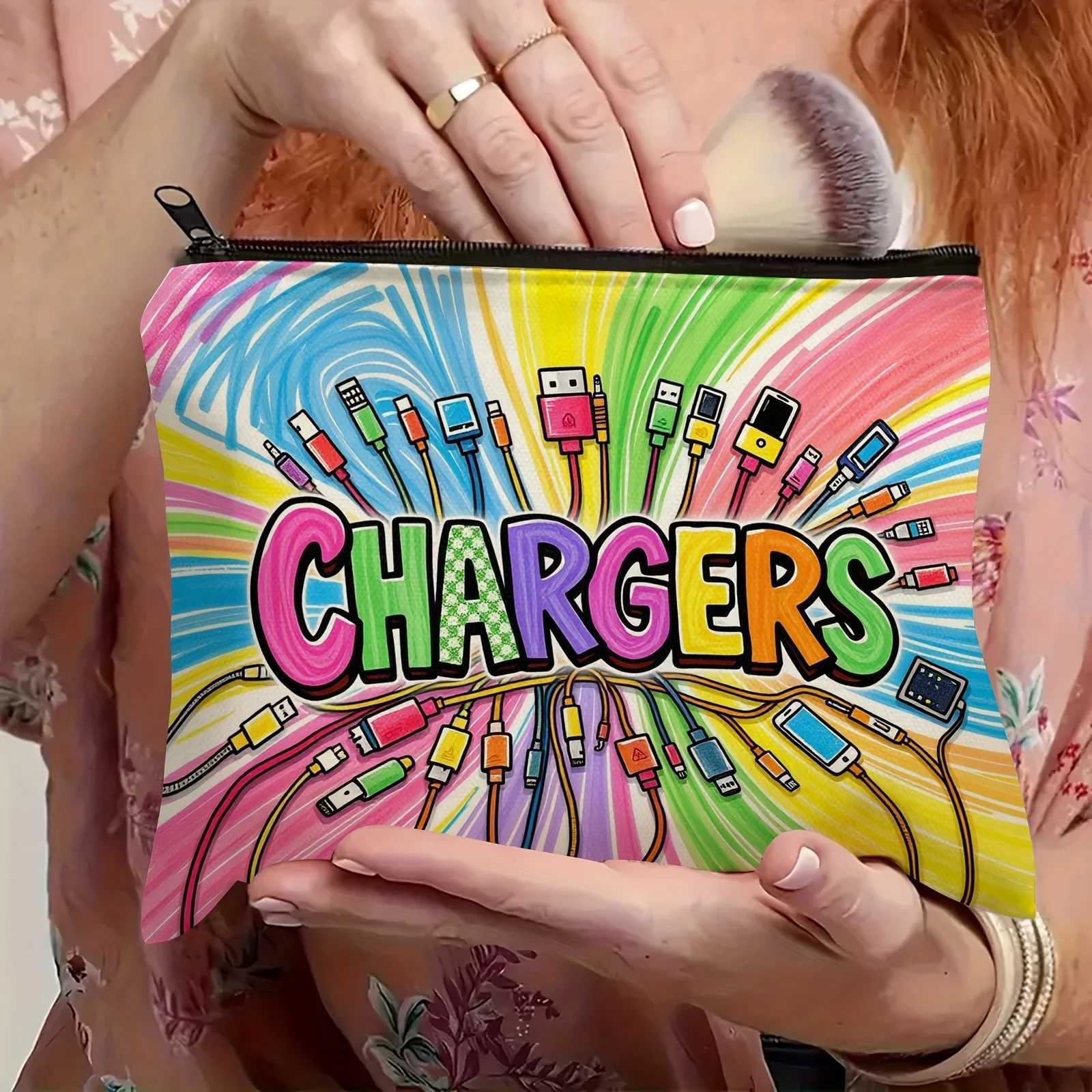 Crayon Drawing Style Charger Tech Illustration Makeup Bag Durable Fabric Zipper Pouch Compact Travel OrganizerW251021