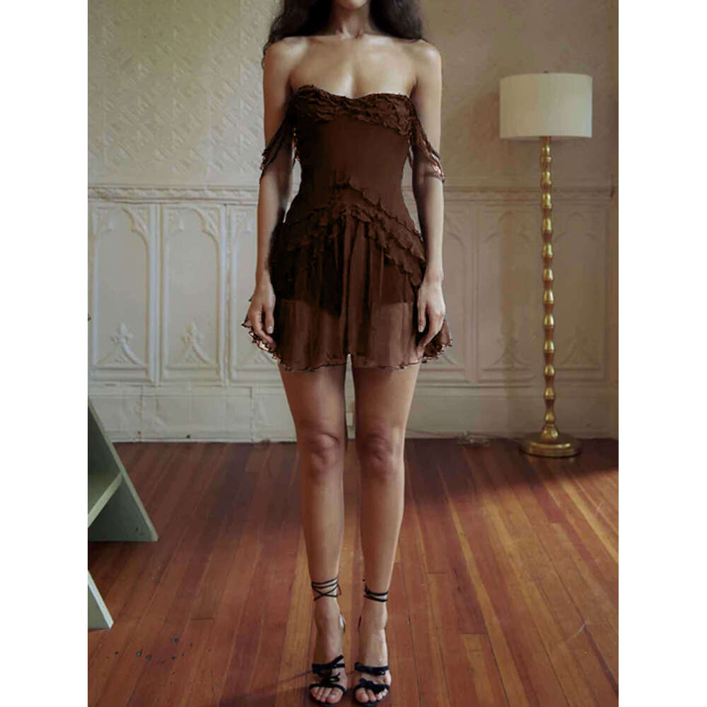 Women's Fashion Ins Mesh Slim Short Hot Girl Strapless Vacation Style Dress Summer