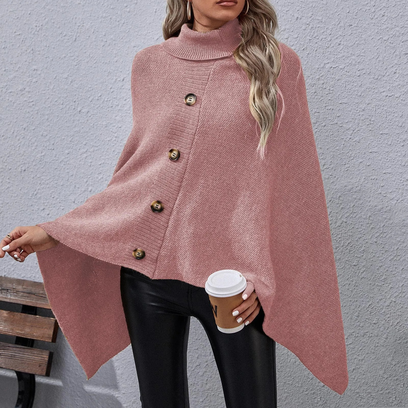 WomenS Fashion Temperament Casual Button Turtleneck Irregular Sweater Cape Coat Elegant Womens Shawl Scarf 251021