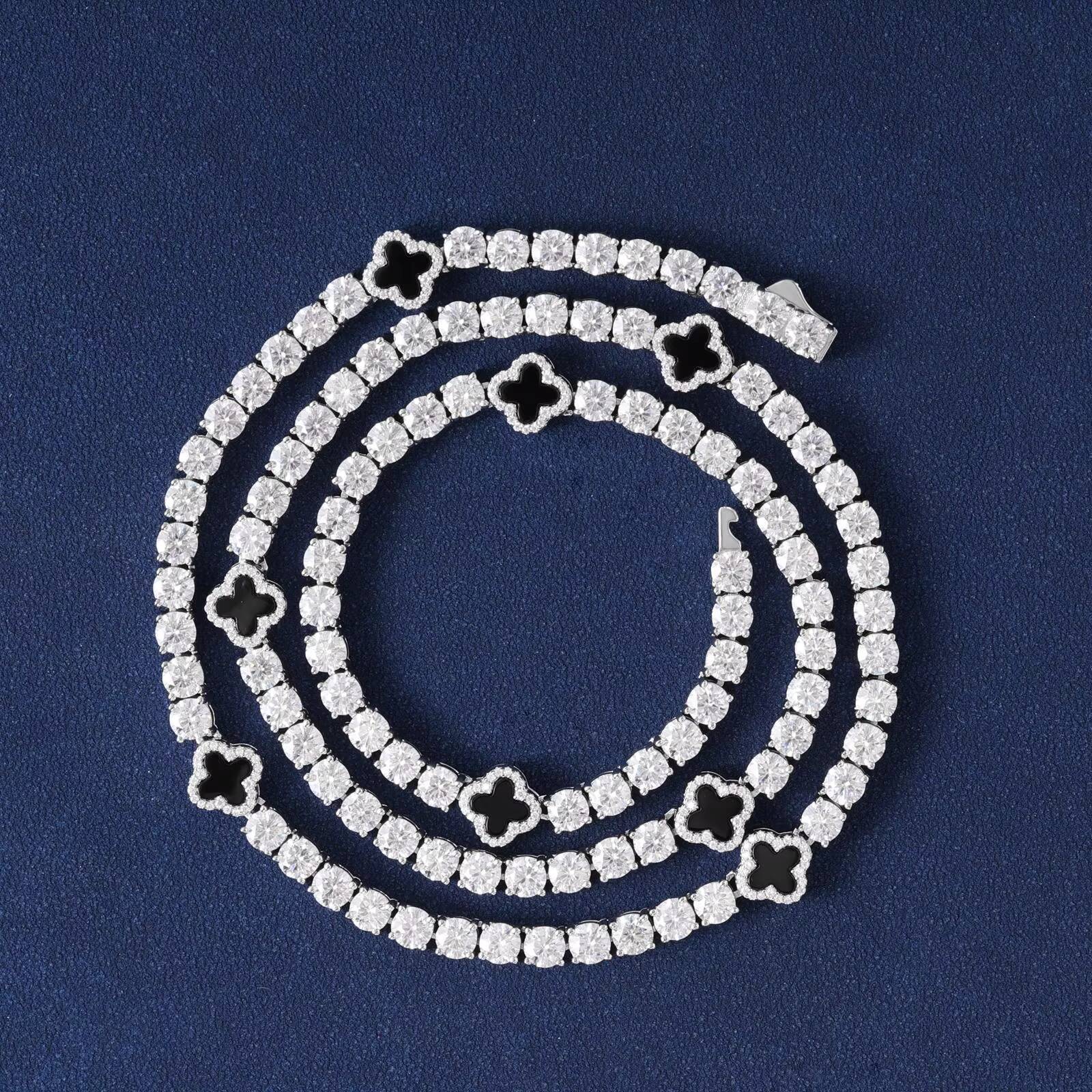 Black Clover Gift 4mm 925 Sterling Silver VVS Moissanite Diamond Agate Tennis Bracelet Four Leaf Fine Necklace Jewelry