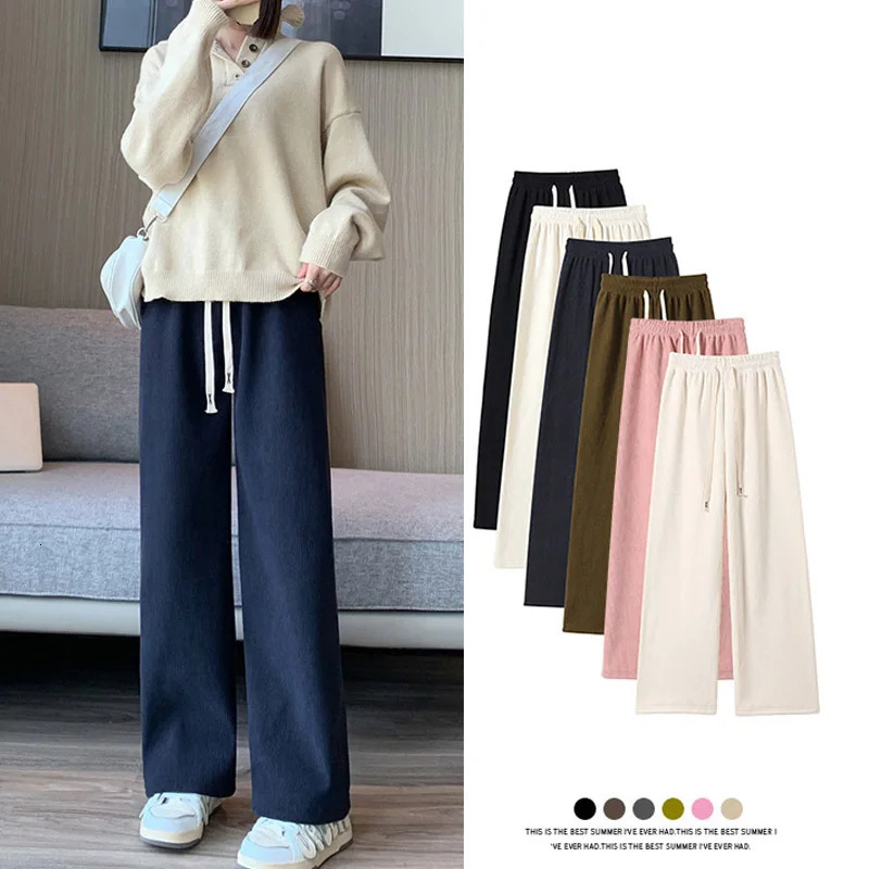 Women Wide Leg Corduroy Pants Autumn Winter Basic Elastic Waist Stright Long Casual Female Trousers 251015