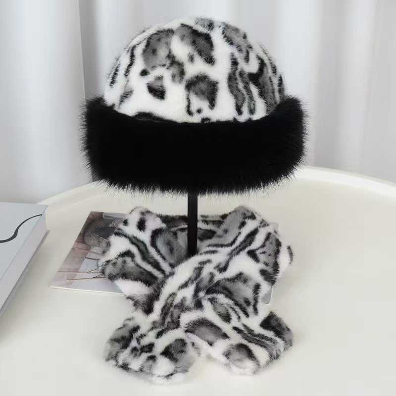 Winter Fur Leopard Print Versatile Hat Scarf Womens Set Autumn Winter Cross Neck Warmer H251020