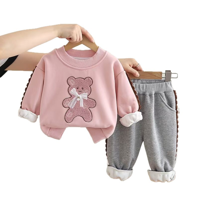 2025 Girls Bear Print Fleece-Lined Set 2-Piece, Adorable Crewneck Hoodie & Pants, Cozy Winter Outfit for Toddler Girls