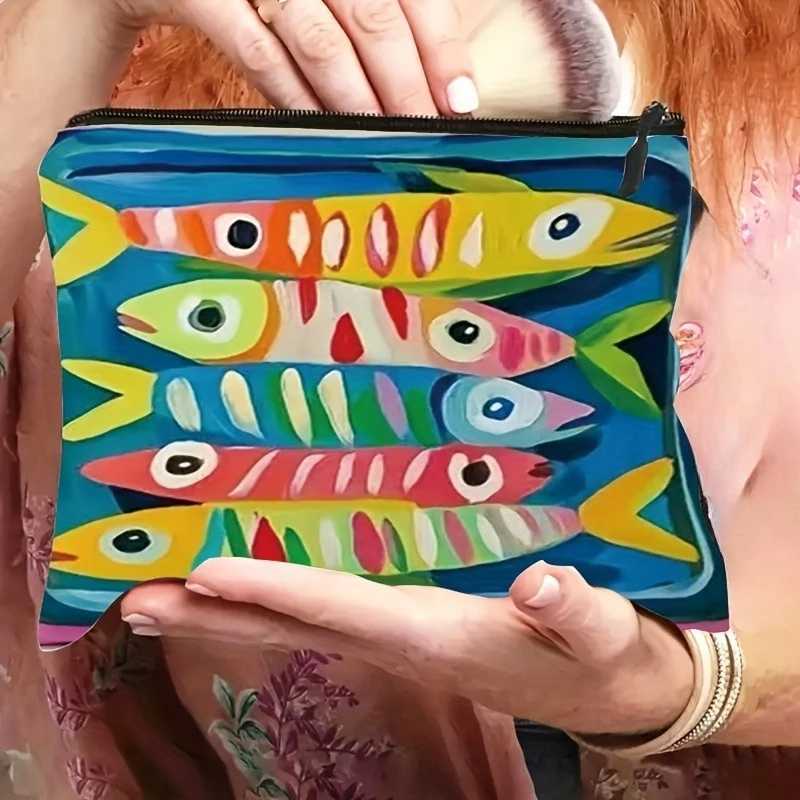 Sardines Retro Fish Print Cosmetic Bag Large Capacity Lightweight Travel Makeup Organizer Vibrant Orange Blue Cosmetic BagW251021