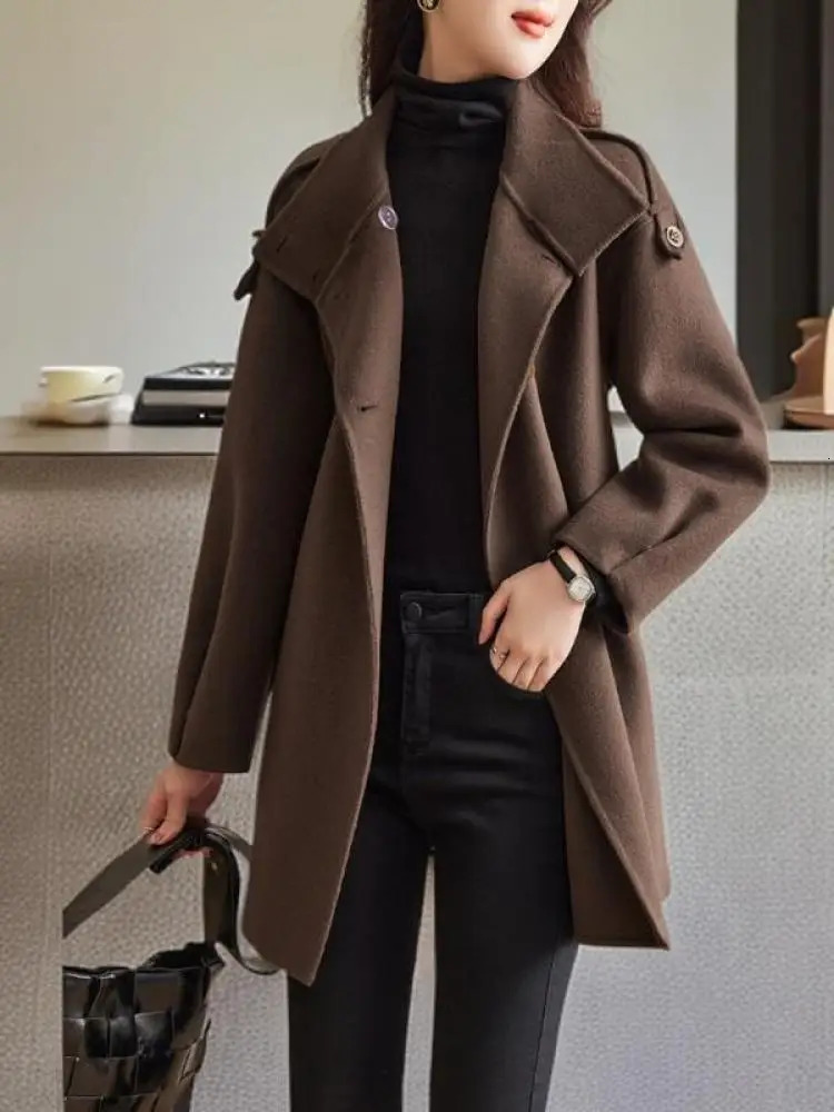 Korean Version Women Brown Single Breasted Woolen Coat Autumn Winter Vintage Long Sleeve Loose Holiday Tops Ladies 251017