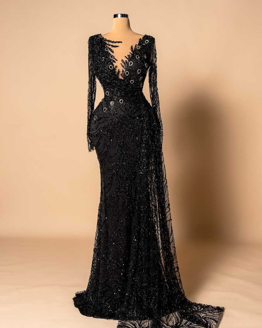 Modern Mermaid Evening Dress Long Sleeve Prom Gowns O-Neck Beads 3D-Lace Satin Sexy Prom Dress vestidos de novia Size Customized Robes De Mariee L2526