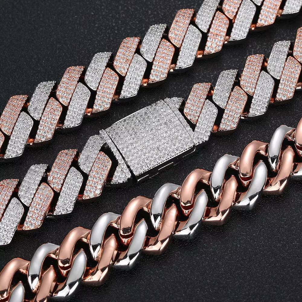 20mm Pink Silver Gold Plated Cuban Link Brass Chain Hip Hop Iced Out Diamond Bracelet Necklace Fine Jewelry for Men and Women