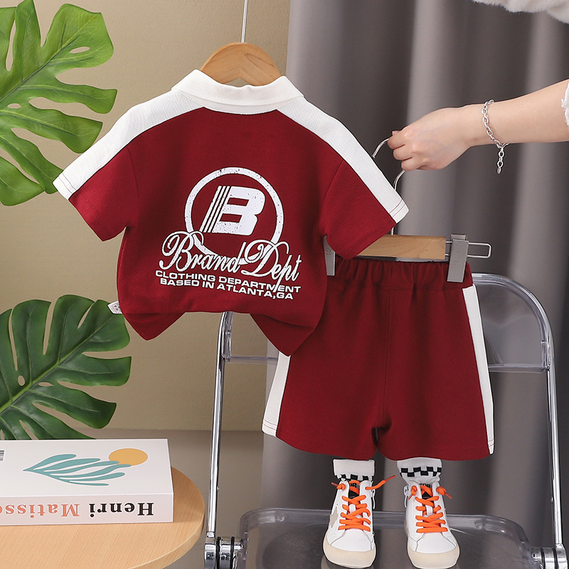 Free Shipping 2025 Kids Polo Shirt Set 2-Piece, Color Blocking Letter Print Short Sleeve Outfit, Boys Girls Summer Casual Clothes for Toddlers
