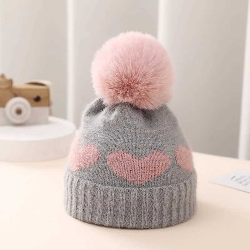 Fur Pompom Baby Hat Heart Printed Knitting Autumn Winter Newborn Infant Beanie Cap Toddler Warm Crochet Girls Boys Hats J251021