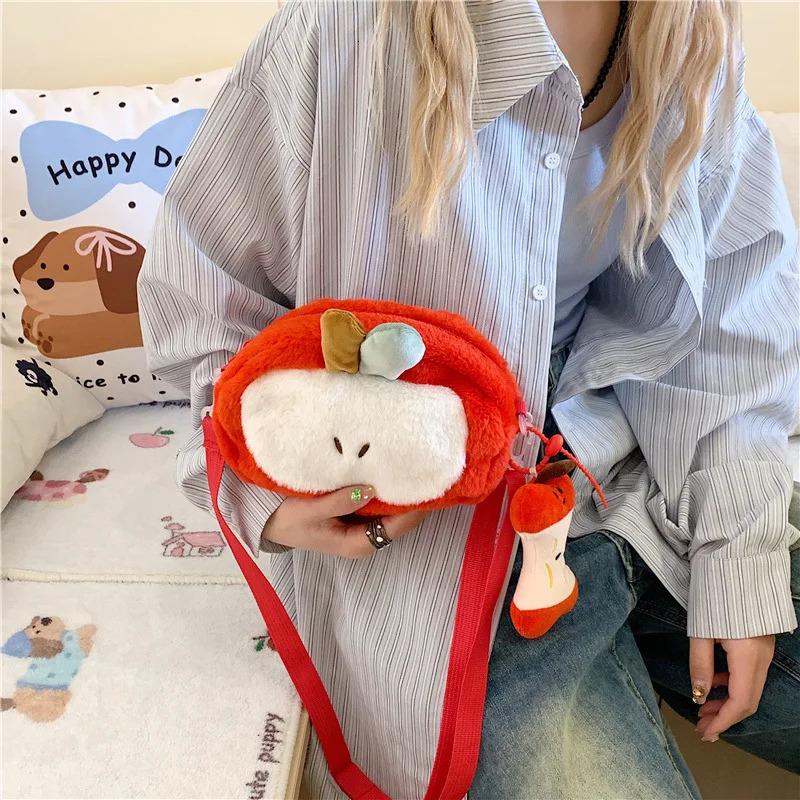 2025 women plush cute shoulder bag girl creative red Apple cartoon large capacity mobile phone bag 251021