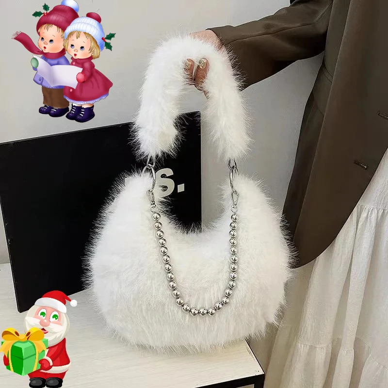 Luxurious Faux Fur Tote Bag Chic Underarm Shoulder Bag Stylish Handbag Purse with Pearl Chain Strap Polyester Lined Interior 251015