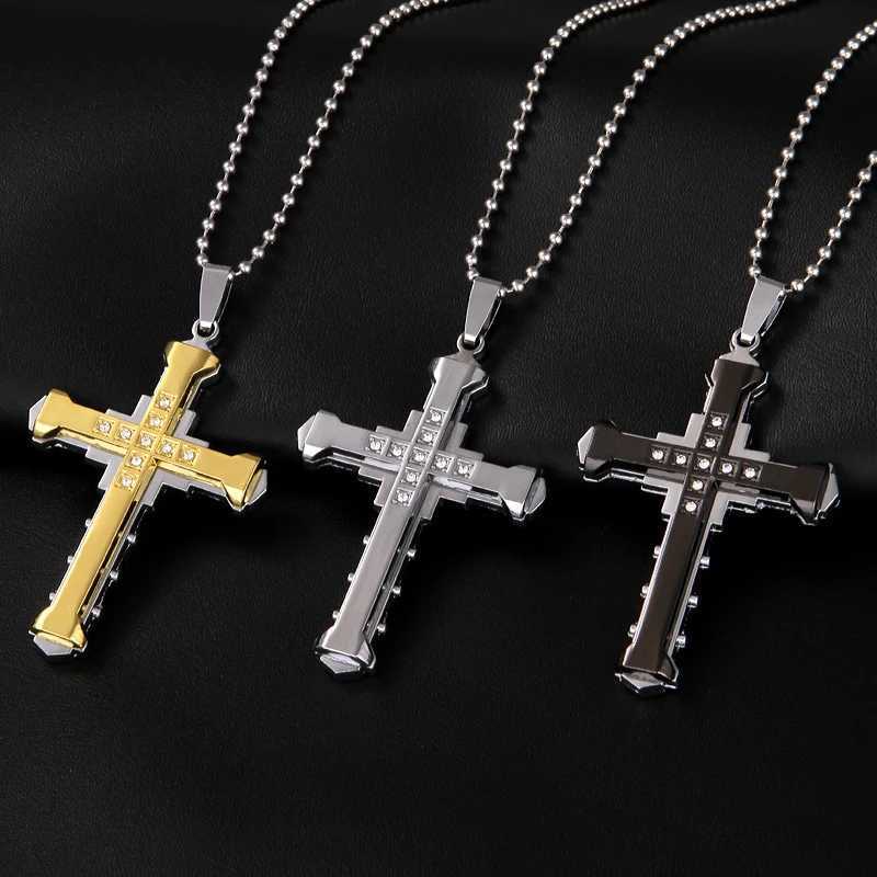 2025 SUMENG New Mens Crystal Cross Jesus Pendant Gold/Black/Blue Color Zirconia Necklace Stainless Steel Jewelry XJ250717