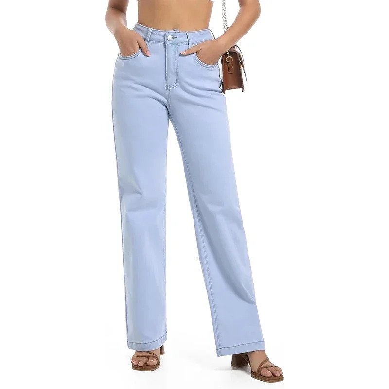 Girls Casual Loose Fit High Waisted Jeans Female Straight Leg Stretch Denim Pants Lady Comfortable Solid Basic Trousers 251015